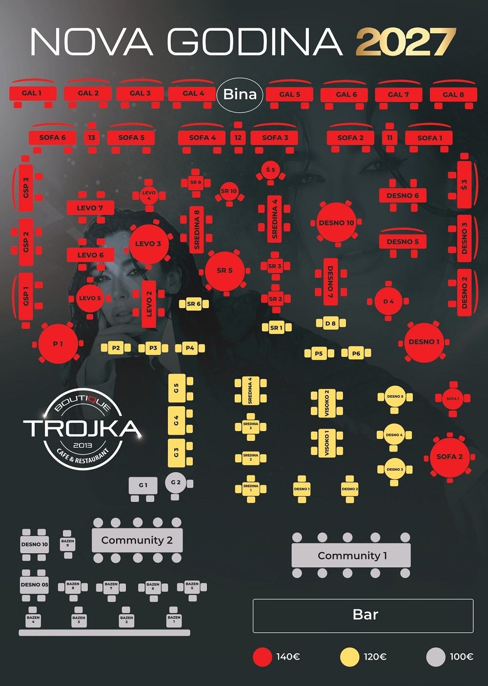 Mapa sedenja - Restoran Boutique Trojka Nova godina